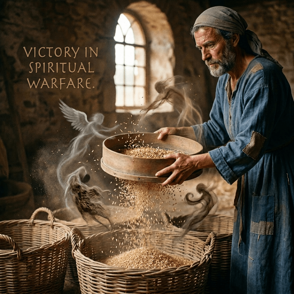 Woman winnowing grain with ghostly figures representing chaff